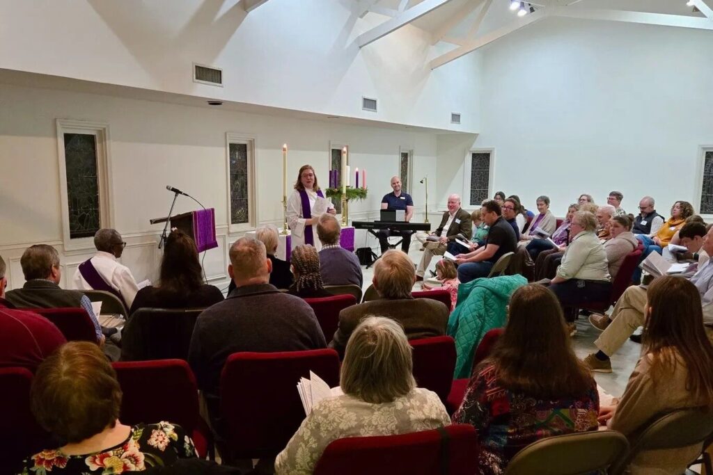 Parishioners gather in a temporary space at St. Peter's Episcopal Church in the West Ashley neighborhood of Charleston while major repairs are made to the church sanctuary.
