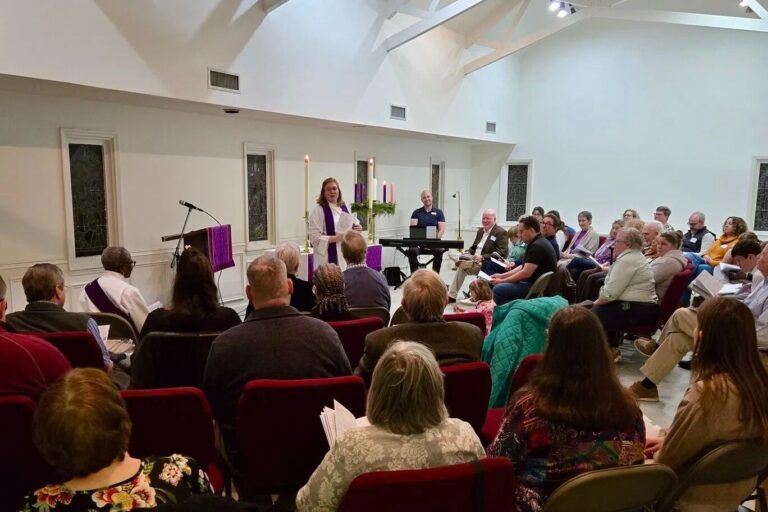 Parishioners gather in a temporary space at St. Peter's Episcopal Church in the West Ashley neighborhood of Charleston while major repairs are made to the church sanctuary.